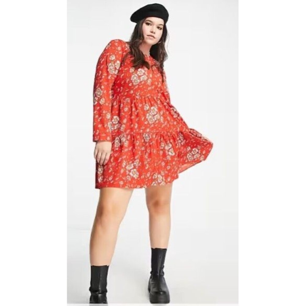 ASOS DESIGN Curve long sleeve tiered smock mini dress in red floral print Sz 18